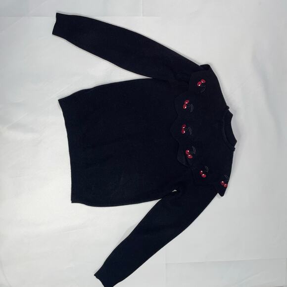 Fraze Black Cape Detailed Shoulder Sweater Cherries Tie Vintage Inspired Size 12 - Picture 9 of 16